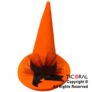 SOMBRERO BRUJA HALLOWEEN NARANJA CON APLIQUE NEGRO x 1